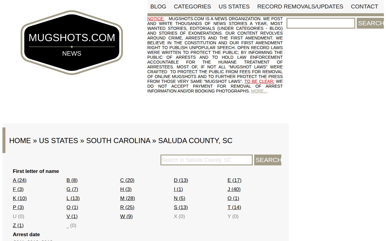Historical third-party Saluda County mugshot index interface