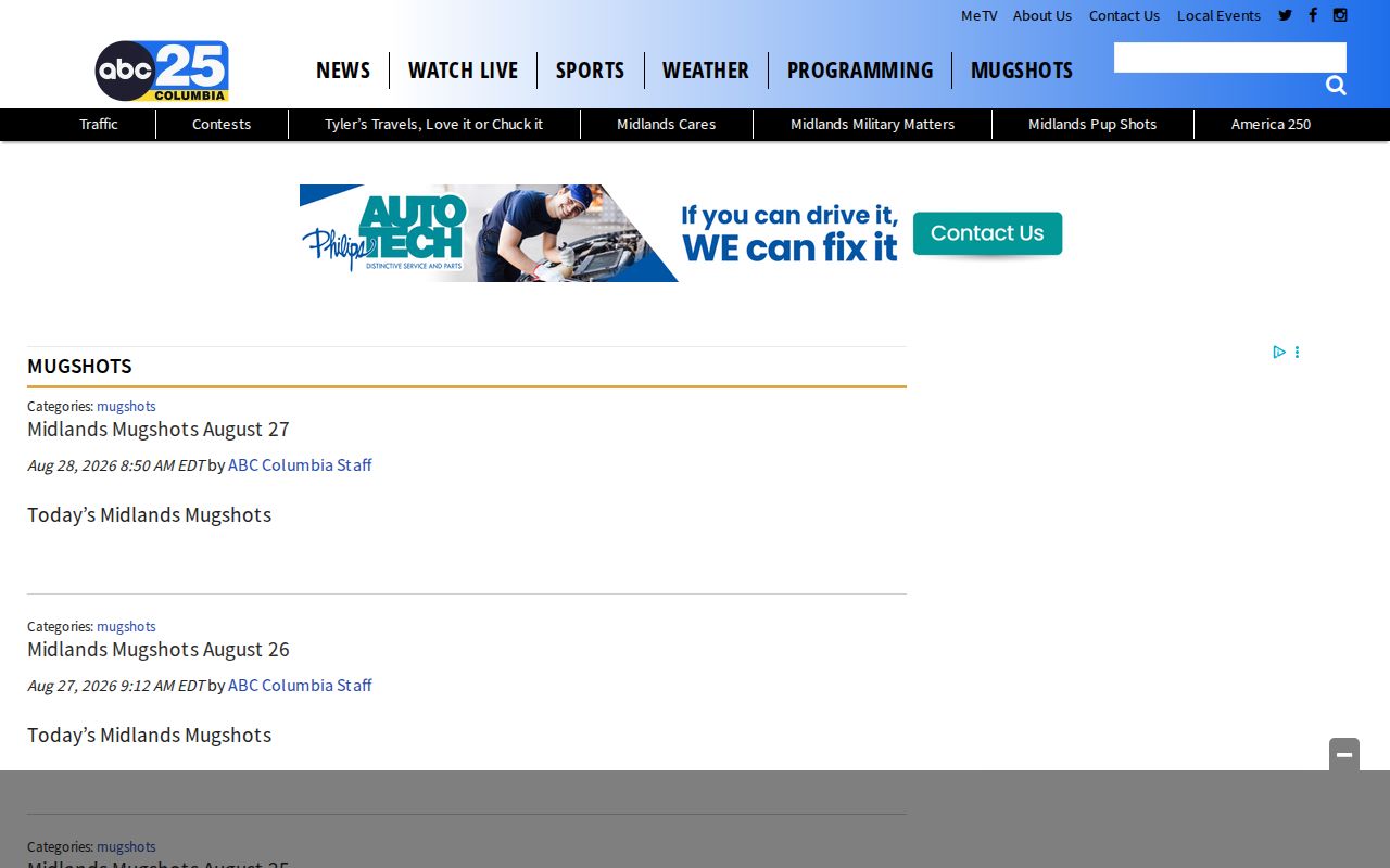 Regional news interface covering Saluda County mugshot-related stories