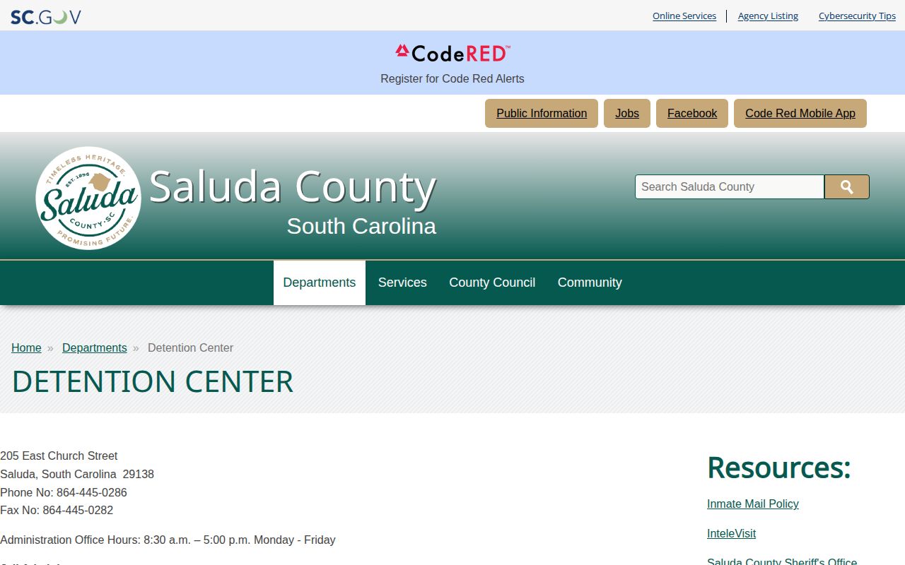 Saluda County Detention Center official custody and record information page