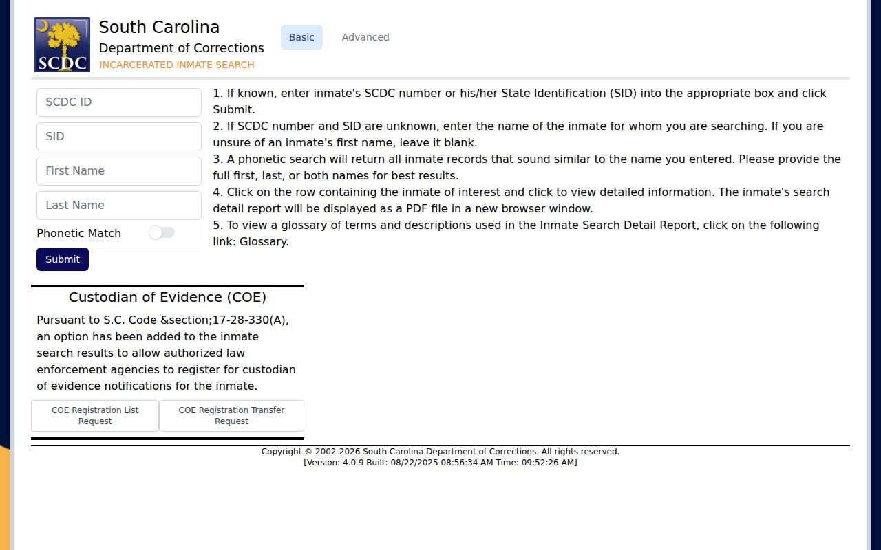 South Carolina Department of Corrections offender record search interface for Saluda County cases